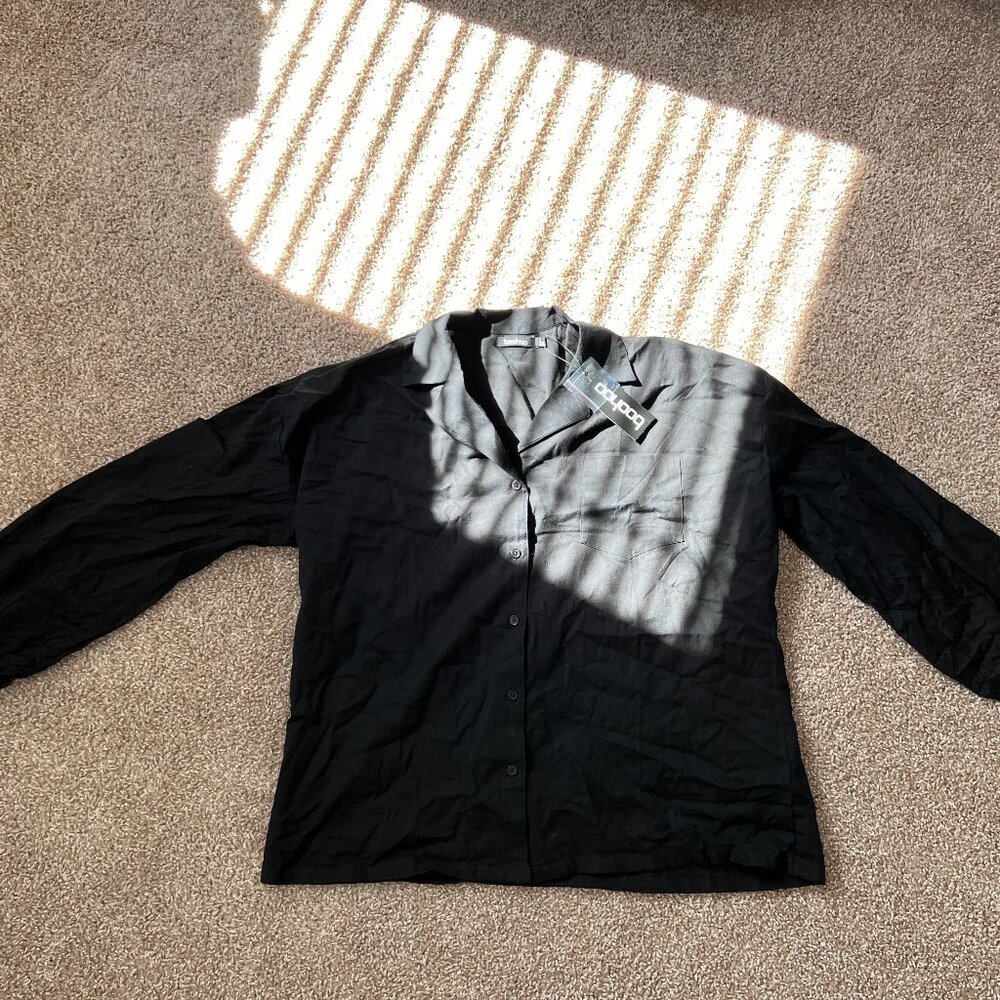 Boohoo Womens LINEN LOOK BOYFRIEND SHIRT - Black NWT Size 10